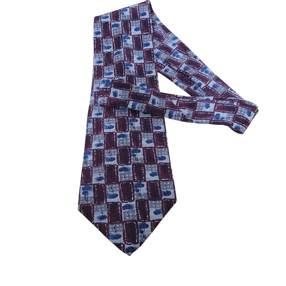 Zylos George Machado Mens Silk Tie Burgundy Blue Geometric Floral Made in USA